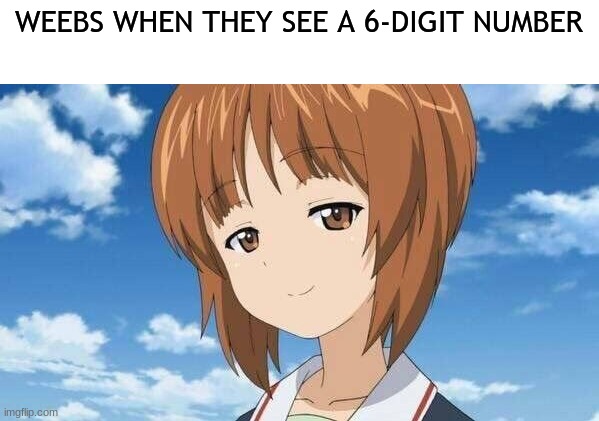 ( ͡° ͜ʖ ͡°) | WEEBS WHEN THEY SEE A 6-DIGIT NUMBER | image tagged in animeme,anime,girls und panzer | made w/ Imgflip meme maker