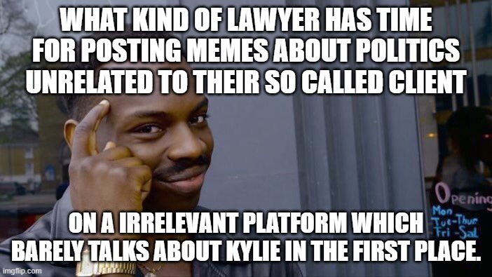 even if it is for so called social media clout for the dnc there is twitter, instagram, facebook etc so many better options | WHAT KIND OF LAWYER HAS TIME FOR POSTING MEMES ABOUT POLITICS UNRELATED TO THEIR SO CALLED CLIENT; ON A IRRELEVANT PLATFORM WHICH BARELY TALKS ABOUT KYLIE IN THE FIRST PLACE. | image tagged in memes,roll safe think about it | made w/ Imgflip meme maker