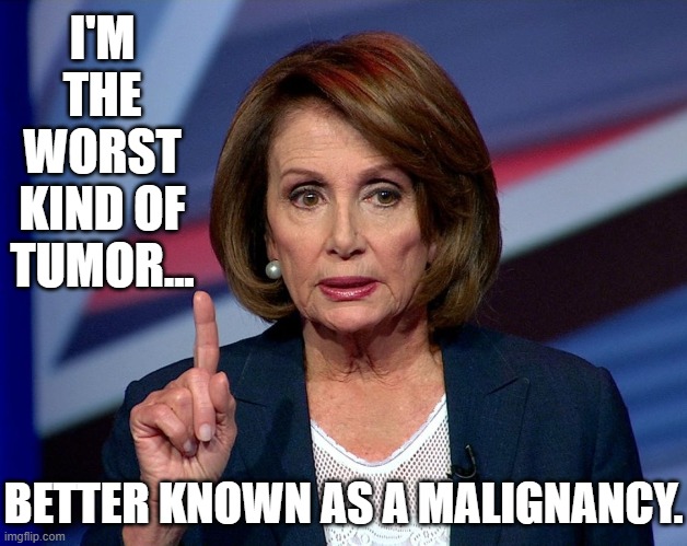 She's hardly Benign. | I'M THE WORST KIND OF TUMOR... BETTER KNOWN AS A MALIGNANCY. | image tagged in nanci pelosi finger,malignancy pooloosely,dunder dunder and shithead | made w/ Imgflip meme maker