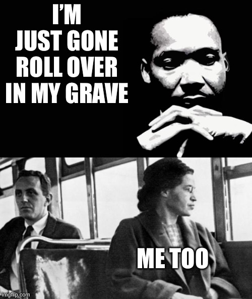 I have a dream....content of their character. | I’M JUST GONE ROLL OVER IN MY GRAVE; ME TOO | image tagged in martin luther king jr,rosa parks,content of their character | made w/ Imgflip meme maker