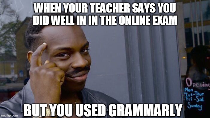 Roll Safe Think About It | WHEN YOUR TEACHER SAYS YOU DID WELL IN IN THE ONLINE EXAM; BUT YOU USED GRAMMARLY | image tagged in memes,roll safe think about it | made w/ Imgflip meme maker