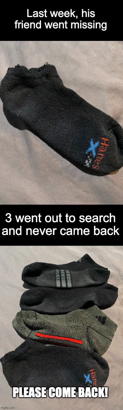 Missing | Last week, his friend went missing; 3 went out to search and never came back; PLEASE COME BACK! | image tagged in missing,sock,laundry | made w/ Imgflip meme maker