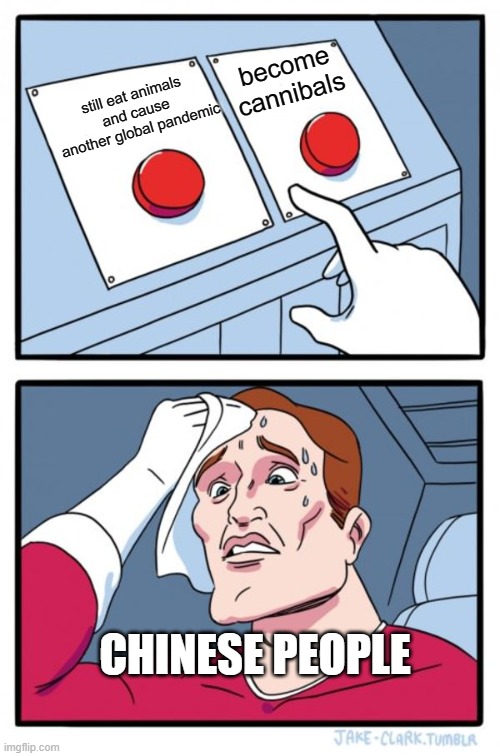 Two Buttons Meme | become cannibals; still eat animals and cause another global pandemic; CHINESE PEOPLE | image tagged in memes,two buttons | made w/ Imgflip meme maker