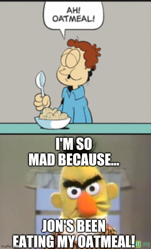 I'M SO MAD BECAUSE... JON'S BEEN EATING MY OATMEAL! | image tagged in sesame street - angry bert | made w/ Imgflip meme maker