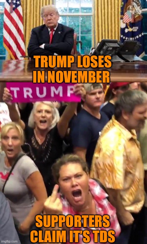 TDS and November | TRUMP LOSES IN NOVEMBER; SUPPORTERS CLAIM IT’S TDS | image tagged in donald trump,trump supporters,funny,funny memes,conservatives,conspiracy | made w/ Imgflip meme maker
