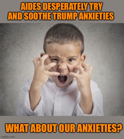 Trump anxieties and his trickle down effect | AIDES DESPERATELY TRY AND SOOTHE TRUMP ANXIETIES; WHAT ABOUT OUR ANXIETIES? | image tagged in donald trump,anxiety,help,funny,funny memes,conservatives | made w/ Imgflip meme maker