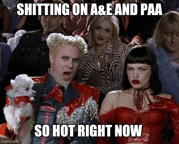 Mugatu So Hot Right Now Meme | SHITTING ON A&E AND PAA; SO HOT RIGHT NOW | image tagged in memes,mugatu so hot right now | made w/ Imgflip meme maker