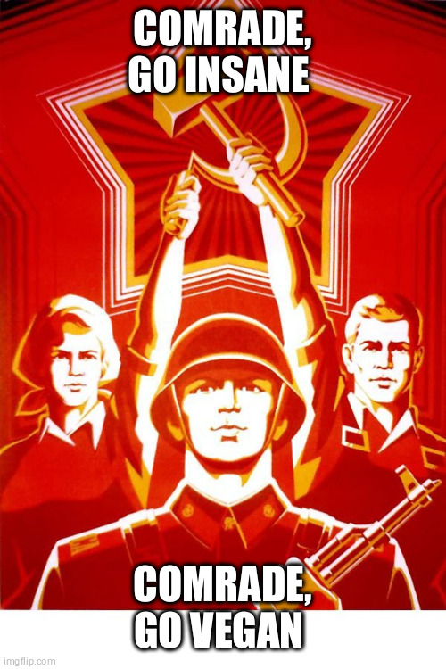 Vegan comrades | COMRADE, GO INSANE; COMRADE, GO VEGAN | image tagged in soviet propaganda | made w/ Imgflip meme maker