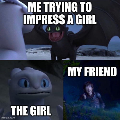 night fury | ME TRYING TO IMPRESS A GIRL; MY FRIEND; THE GIRL | image tagged in night fury,how to train your dragon,funny,meme,funny meme | made w/ Imgflip meme maker