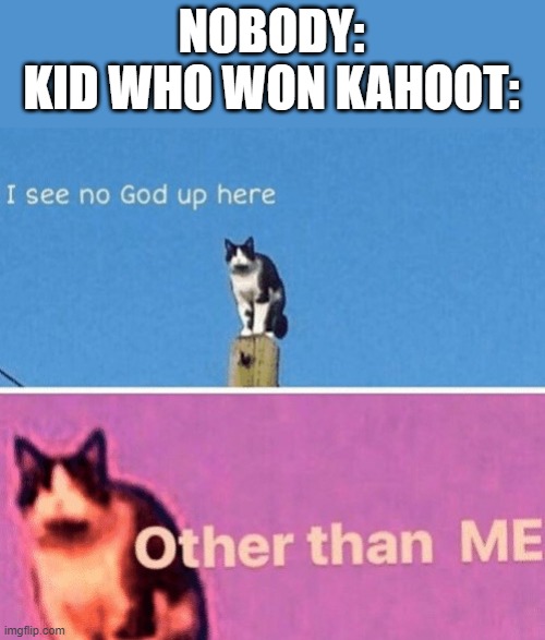 Kid who won the kahoot be like | NOBODY:
KID WHO WON KAHOOT: | image tagged in no god up here cat | made w/ Imgflip meme maker