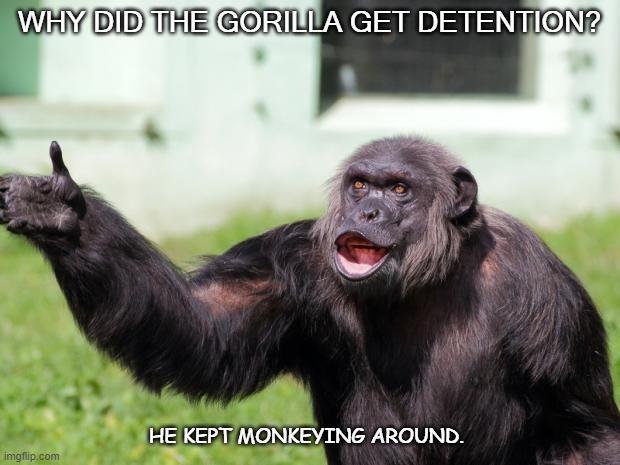Daily Bad Dad Joke June 15 2020 | WHY DID THE GORILLA GET DETENTION? HE KEPT MONKEYING AROUND. | image tagged in angry supervisor monkey | made w/ Imgflip meme maker