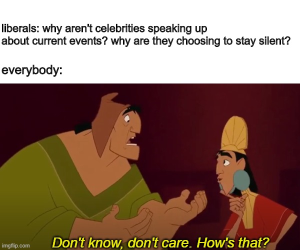 liberals: why aren't celebrities speaking up about current events? why are they choosing to stay silent? everybody:; Don't know, don't care. How's that? | image tagged in memes,riots,2020,blm,current events,politics | made w/ Imgflip meme maker