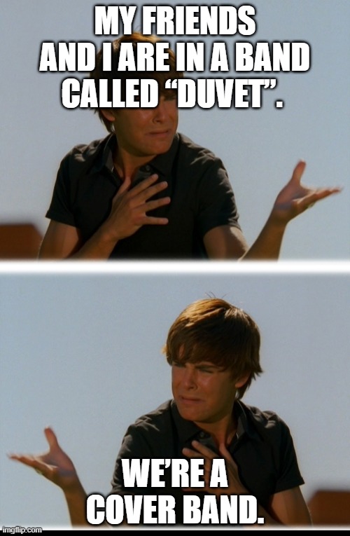 Conflicted Troy - High School Musical Troy meme | MY FRIENDS AND I ARE IN A BAND CALLED “DUVET”. WE’RE A COVER BAND. | image tagged in conflicted troy - high school musical troy meme | made w/ Imgflip meme maker