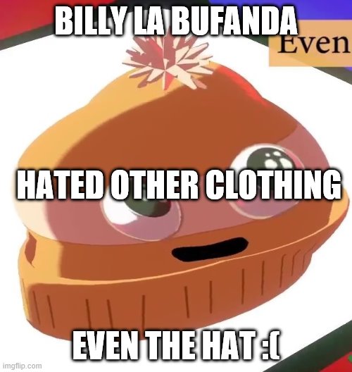 billly is mean | BILLY LA BUFANDA; HATED OTHER CLOTHING; EVEN THE HAT :( | image tagged in funny | made w/ Imgflip meme maker