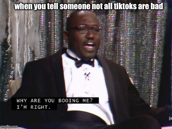tictac | when you tell someone not all tiktoks are bad | image tagged in why are you booing me i'm right | made w/ Imgflip meme maker