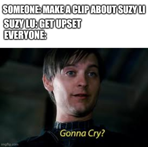 Lol | SOMEONE: MAKE A CLIP ABOUT SUZY LI; SUZY LU: GET UPSET
EVERYONE: | image tagged in blank white template,gonna cry,memes,fuck,suzy lu | made w/ Imgflip meme maker