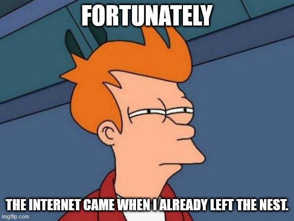 Futurama Fry Meme | FORTUNATELY THE INTERNET CAME WHEN I ALREADY LEFT THE NEST. | image tagged in memes,futurama fry | made w/ Imgflip meme maker