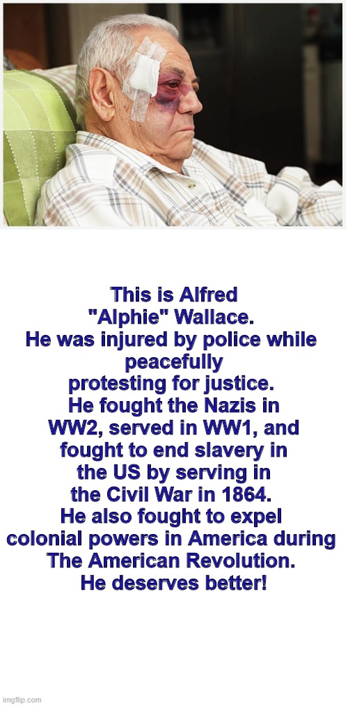Brave American | This is Alfred "Alphie" Wallace. 
He was injured by police while 
peacefully protesting for justice. 
He fought the Nazis in WW2, served in WW1, and fought to end slavery in the US by serving in the Civil War in 1864. 
He also fought to expel 
colonial powers in America during 
The American Revolution. 
He deserves better! | image tagged in police brutality | made w/ Imgflip meme maker