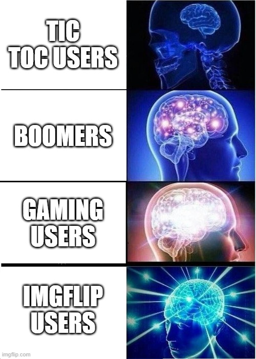 Expanding Brain | TIC TOC USERS; BOOMERS; GAMING USERS; IMGFLIP USERS | image tagged in memes,expanding brain | made w/ Imgflip meme maker