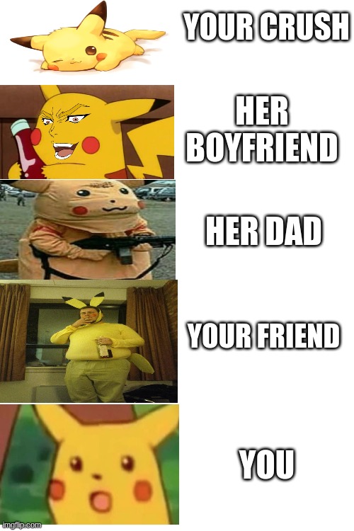 Blank White Template | YOUR CRUSH; HER BOYFRIEND; HER DAD; YOUR FRIEND; YOU | image tagged in blank white template,funny,funny memes,pikachu | made w/ Imgflip meme maker