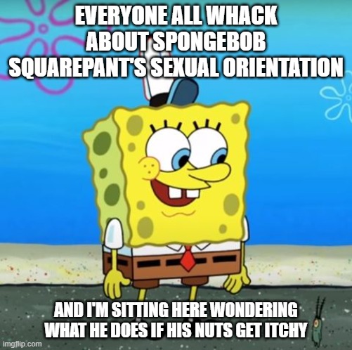 You do, too | EVERYONE ALL WHACK ABOUT SPONGEBOB SQUAREPANT'S SEXUAL ORIENTATION; AND I'M SITTING HERE WONDERING WHAT HE DOES IF HIS NUTS GET ITCHY | image tagged in spongebob,funny | made w/ Imgflip meme maker