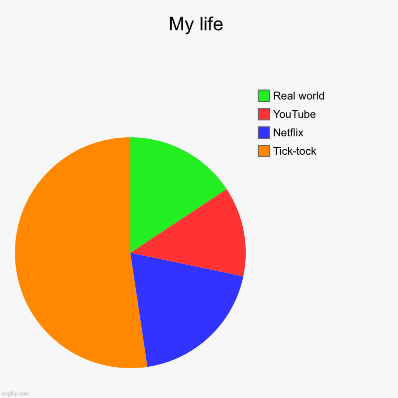 My life | My life | Tick-tock, Netflix, YouTube, Real world | image tagged in charts,pie charts | made w/ Imgflip chart maker
