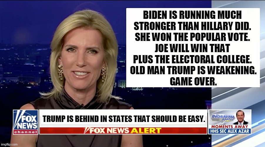 Those empty seats in Tulsa were telling you something. Why are Biden and Trump even in Texas? Texas? | BIDEN IS RUNNING MUCH 
STRONGER THAN HILLARY DID. 
SHE WON THE POPULAR VOTE. 
JOE WILL WIN THAT 
PLUS THE ELECTORAL COLLEGE. 
OLD MAN TRUMP IS WEAKENING.
GAME OVER. TRUMP IS BEHIND IN STATES THAT SHOULD BE EASY. | image tagged in laura ingraham is a blank,hillary,biden,strong,trump,loser | made w/ Imgflip meme maker