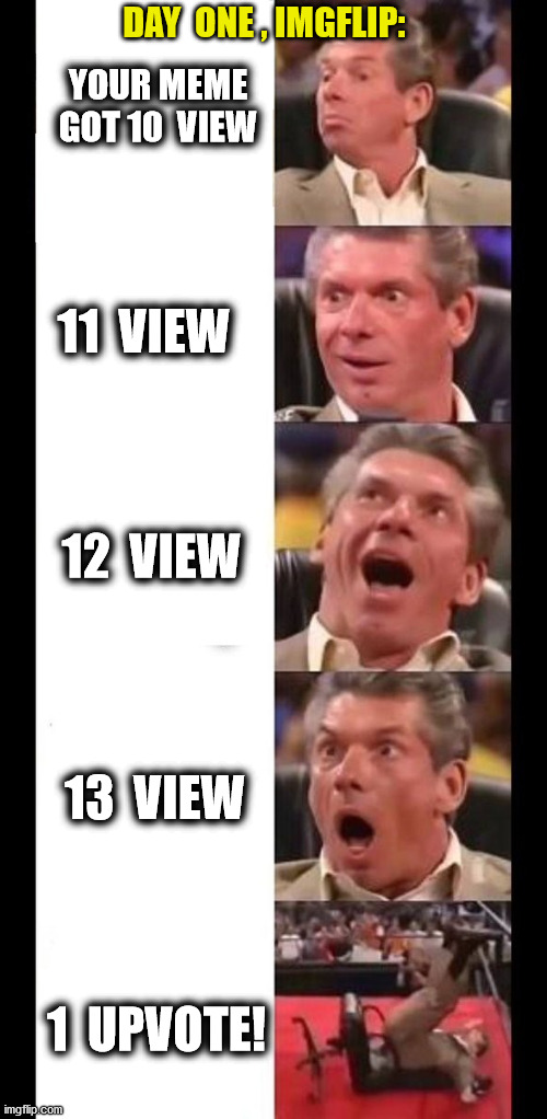 day ONE, imgflip | DAY  ONE , IMGFLIP:; YOUR MEME GOT 10  VIEW; 11  VIEW; 12  VIEW; 13  VIEW; 1  UPVOTE! | image tagged in amazing shocked man,memes,day one,fun,lol,imgflip users | made w/ Imgflip meme maker