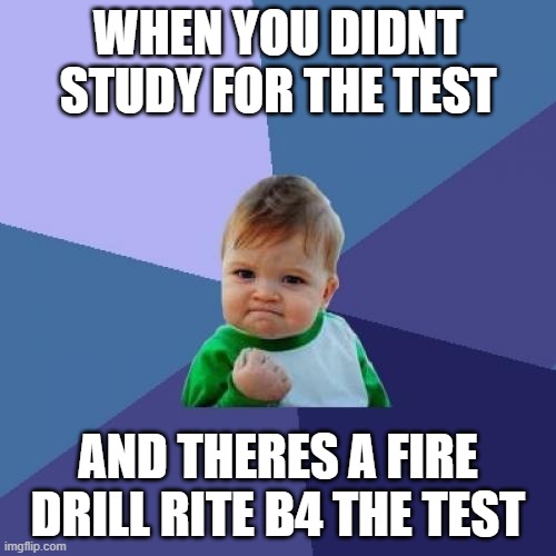 Success Kid Meme | WHEN YOU DIDNT STUDY FOR THE TEST; AND THERES A FIRE DRILL RITE B4 THE TEST | image tagged in memes,success kid | made w/ Imgflip meme maker