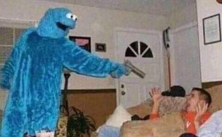 High Quality cookie monster shoots man Blank Meme Template