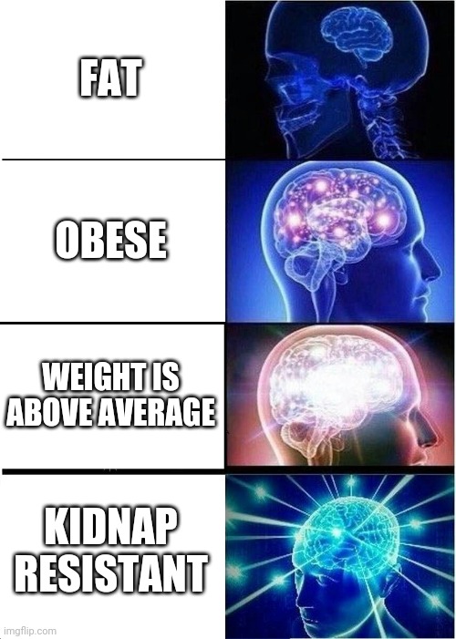 Expanding Brain Meme | FAT; OBESE; WEIGHT IS ABOVE AVERAGE; KIDNAP RESISTANT | image tagged in memes,expanding brain | made w/ Imgflip meme maker