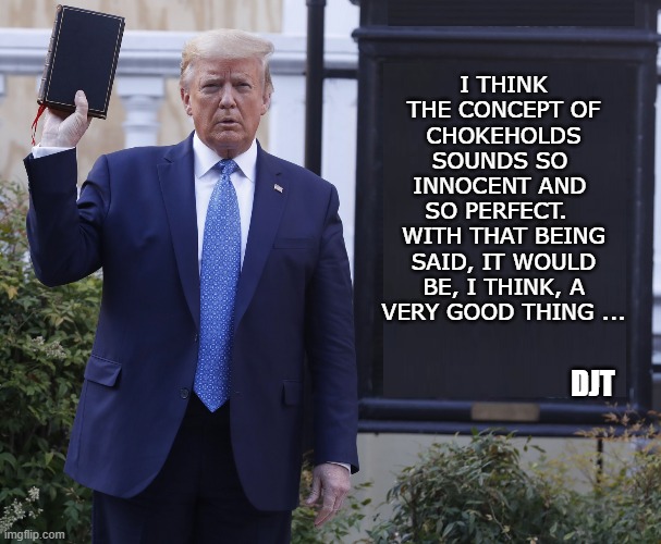 Bible Trumper | I THINK THE CONCEPT OF CHOKEHOLDS SOUNDS SO 
INNOCENT AND 
SO PERFECT.  
WITH THAT BEING SAID, IT WOULD BE, I THINK, A VERY GOOD THING ... D | image tagged in bible trumper | made w/ Imgflip meme maker