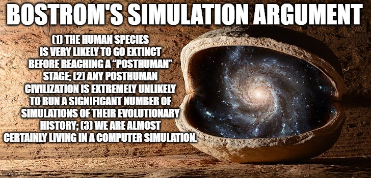 Three Most Likely Scenarios of Life Being a Simulation | (1) THE HUMAN SPECIES IS VERY LIKELY TO GO EXTINCT BEFORE REACHING A “POSTHUMAN” STAGE; (2) ANY POSTHUMAN CIVILIZATION IS EXTREMELY UNLIKELY TO RUN A SIGNIFICANT NUMBER OF SIMULATIONS OF THEIR EVOLUTIONARY HISTORY; (3) WE ARE ALMOST CERTAINLY LIVING IN A COMPUTER SIMULATION. BOSTROM'S SIMULATION ARGUMENT | image tagged in simulation,simulation argument,simulation hypothesis | made w/ Imgflip meme maker