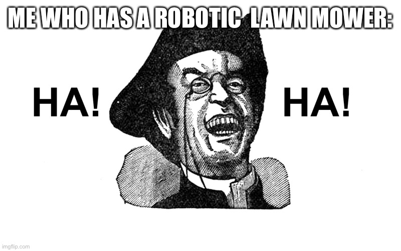 Ha Ha Guy | ME WHO HAS A ROBOTIC  LAWN MOWER: | image tagged in ha ha guy | made w/ Imgflip meme maker