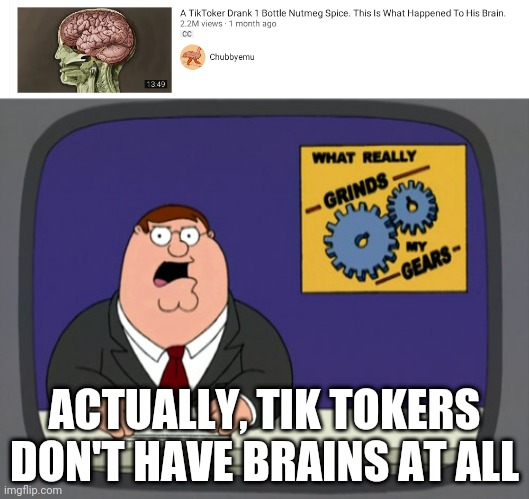 ACTUALLY, TIK TOKERS DON'T HAVE BRAINS AT ALL | image tagged in memes,peter griffin news | made w/ Imgflip meme maker