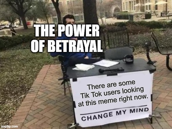 THE POWER OF BETRAYAL | THE POWER OF BETRAYAL; There are some Tik Tok users looking at this meme right now. | image tagged in memes,change my mind | made w/ Imgflip meme maker