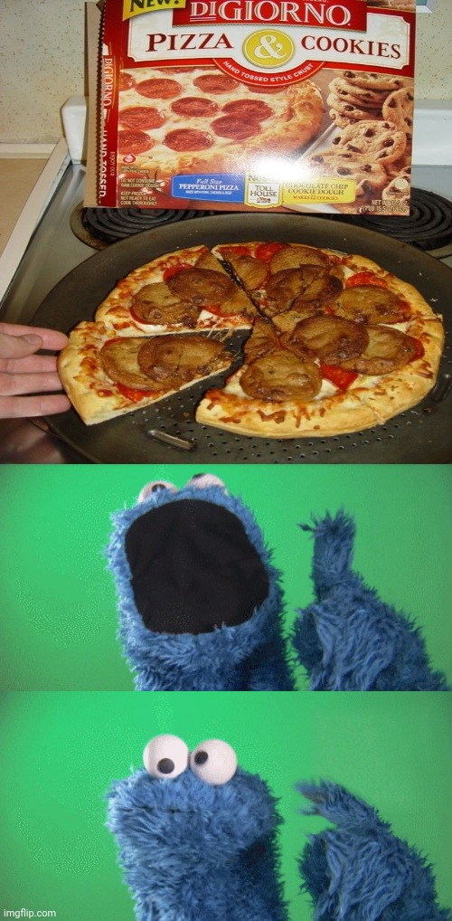 Wait what: Digiorno pizza and cookies pizza | image tagged in cookie monster wait what,cookies,pizza,memes,meme,funny | made w/ Imgflip meme maker