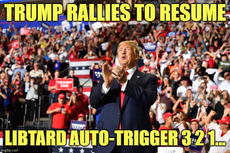 300,000 MAGA rally requests | TRUMP RALLIES TO RESUME; LIBTARD AUTO-TRIGGER 3 2 1... | image tagged in trump rally | made w/ Imgflip meme maker