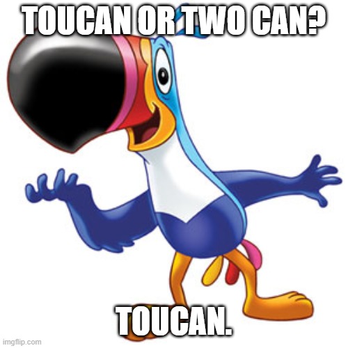 Toucan sam | TOUCAN OR TWO CAN? TOUCAN. | image tagged in toucan sam | made w/ Imgflip meme maker