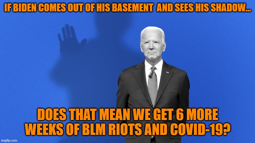 IF BIDEN COMES OUT OF HIS HOLE & SEES HIS SHADOW, DOES THAT MEAN WE GET 6 MORE WEEKS OF BLM RIOTS & COVID-19? |  IF BIDEN COMES OUT OF HIS BASEMENT  AND SEES HIS SHADOW... DOES THAT MEAN WE GET 6 MORE WEEKS OF BLM RIOTS AND COVID-19? | image tagged in biden,blm,covid-19,politics,loser,fool | made w/ Imgflip meme maker