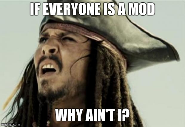 Confusion | IF EVERYONE IS A MOD; WHY AIN'T I? | image tagged in confused dafuq jack sparrow what | made w/ Imgflip meme maker
