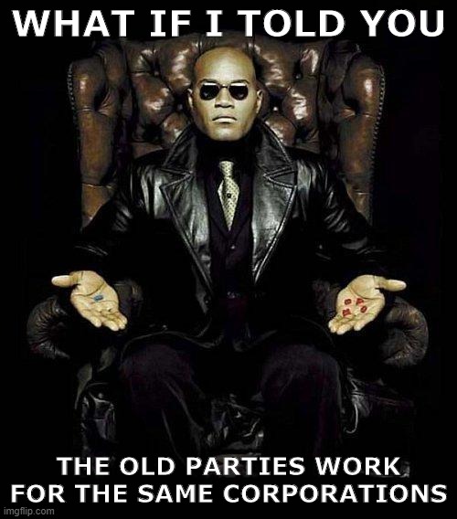 duopoly | WHAT IF I TOLD YOU; THE OLD PARTIES WORK FOR THE SAME CORPORATIONS | image tagged in morpheus blue  red pill | made w/ Imgflip meme maker