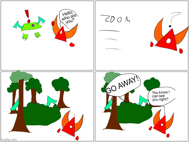 Crimson meets Emerald (I just realized I forgot to draw Emerald’s tail) | image tagged in memes,blank comic panel 2x2 | made w/ Imgflip meme maker