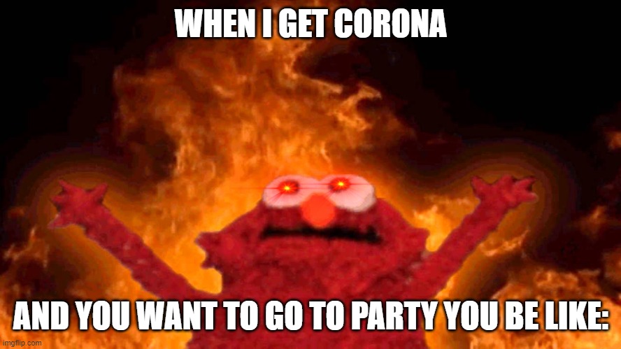 elmo fire | WHEN I GET CORONA; AND YOU WANT TO GO TO PARTY YOU BE LIKE: | image tagged in elmo fire | made w/ Imgflip meme maker