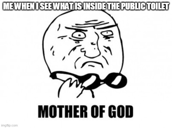 Me in town need to pee |  ME WHEN I SEE WHAT IS INSIDE THE PUBLIC TOILET | image tagged in memes,mother of god | made w/ Imgflip meme maker