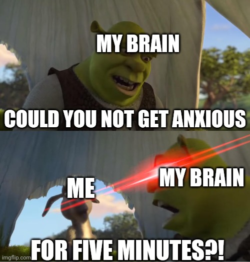 Shrek For Five Minutes | MY BRAIN; COULD YOU NOT GET ANXIOUS; MY BRAIN; ME; FOR FIVE MINUTES?! | image tagged in shrek for five minutes | made w/ Imgflip meme maker