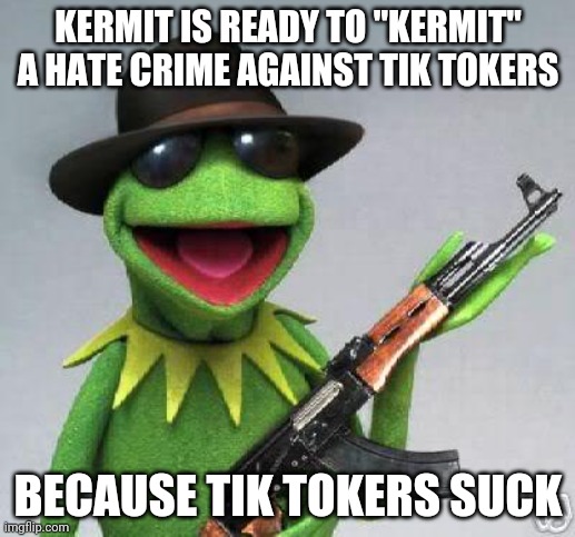 kermit-gun | KERMIT IS READY TO "KERMIT" A HATE CRIME AGAINST TIK TOKERS BECAUSE TIK TOKERS SUCK | image tagged in kermit-gun | made w/ Imgflip meme maker