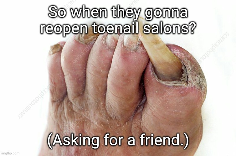Toenails | So when they gonna reopen toenail salons? (Asking for a friend.) | image tagged in toenails | made w/ Imgflip meme maker