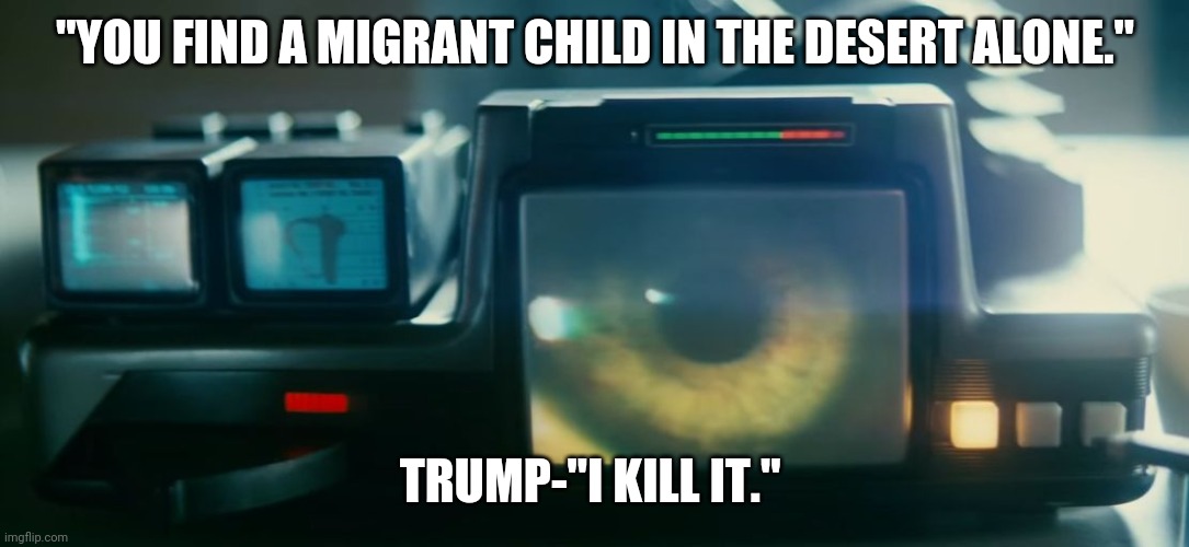 Voight kampff  | "YOU FIND A MIGRANT CHILD IN THE DESERT ALONE."; TRUMP-"I KILL IT." | image tagged in voight kampff | made w/ Imgflip meme maker