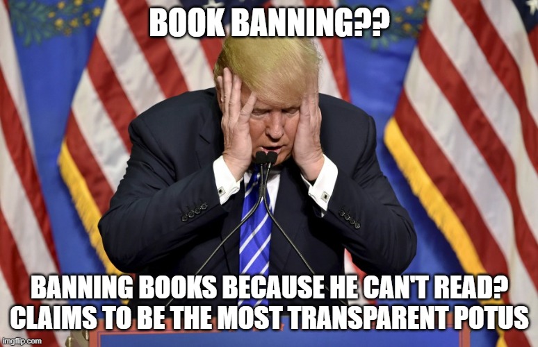 Cry baby Trump | BOOK BANNING?? BANNING BOOKS BECAUSE HE CAN'T READ?
CLAIMS TO BE THE MOST TRANSPARENT POTUS | image tagged in cry baby trump | made w/ Imgflip meme maker